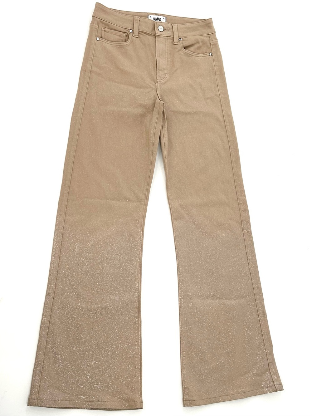 PAIGE Leenah Shimmer Coated Wide Leg Jeans Latte Silver Size 26
